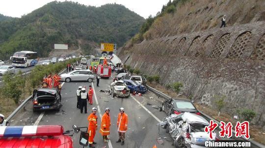 15日下午13时许，厦蓉高速福建龙岩段发生一起连环相撞事故，造成包括小轿车、大货车、中巴、大巴在内的16部车发生连环碰撞，共计造成2死8伤。